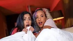 Miniature ebony hottie Scarlet opens her pussy for a white hottie